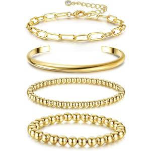 imageFansilver 14K Gold Bracelets for Women Trendy Bangle Cuff Chain Bracelets Set Gold Plated Paperclip Bead Tennis Bracelet Chunky Gold Filled Bracelet Stack 34PCSC 4Pcs Gold Paperclip Bracelets