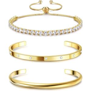 imageFansilver 14K Gold Bracelets for Women Trendy Bangle Cuff Chain Bracelets Set Gold Plated Paperclip Bead Tennis Bracelet Chunky Gold Filled Bracelet Stack 34PCSA 3Pcs CZ Gold Bangle Bracelets