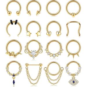 imageFansilver 16 PCS 16 G Septum Rings for Women Men Gold Septum Jewelry Horseshoe Clicker Septum Rings Surgical Steel Helix Cartilage Hoop Earrings Daith Tragus Septum Nose Piercing Jewelry 8MM