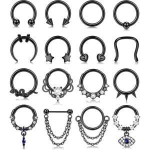 imageFansilver 16PCS 16G Septum Rings for Women Men Silver Black Gold Septum Jewelry Horseshoe Clicker Dangle Nose Rings Hoops Surgical Steel Helix Cartilage Hoop Earrings Tragus Daith Septum Nose Piercing Jewelry 8MMC Black septum piercing