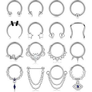 imageFansilver 16PCS 16G Septum Rings for Women Men Silver Black Gold Septum Jewelry Horseshoe Clicker Dangle Nose Rings Hoops Surgical Steel Helix Cartilage Hoop Earrings Tragus Daith Septum Nose Piercing Jewelry 8MMA Silver septum ring