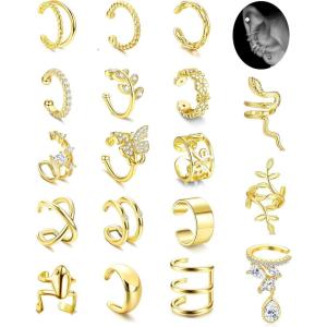 imageFansilver 18Pcs Ear Cuff Earrings for Women Non Piercing Gold Ear Cuffs 14K Gold Plated Earring Cuffs for Non Pierced Clip On Cartilage Earrings Adjustable Fake Earrings LightweightGold