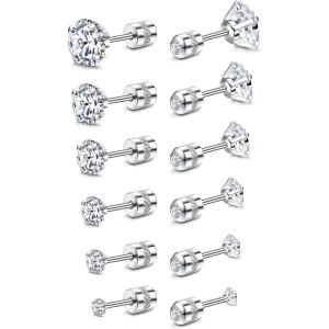 imageFansilver 20G Hypoallergenic Flat Back Earrings for Women Men Silver 14K Gold Stainless Steel Stud Earrings Brithstone Cubic Zirconia Studs Surgical Steel Cartilage Earrings for Sensitive EarsI6Pairs Screw back stud earrings
