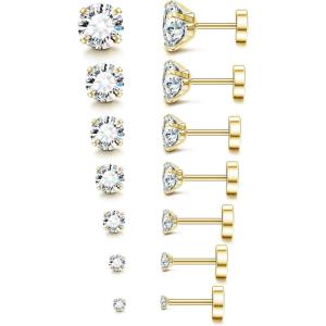 imageFansilver 20G Hypoallergenic Flat Back Earrings for Women Men Silver 14K Gold Stainless Steel Stud Earrings Brithstone Cubic Zirconia Studs Surgical Steel Cartilage Earrings for Sensitive EarsE7Pairs 28mm 14k gold plated