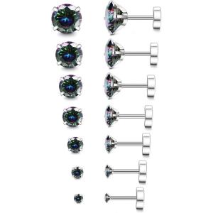 imageFansilver 20G Hypoallergenic Flat Back Earrings for Women Men Silver 14K Gold Stainless Steel Stud Earrings Brithstone Cubic Zirconia Studs Surgical Steel Cartilage Earrings for Sensitive EarsH 7Pairs  28MM Black CZ