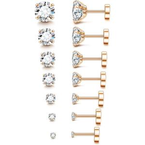 imageFansilver 20G Hypoallergenic Flat Back Earrings for Women Men Silver 14K Gold Stainless Steel Stud Earrings Brithstone Cubic Zirconia Studs Surgical Steel Cartilage Earrings for Sensitive EarsF 7Pairs  28mm rose gold