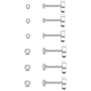 imageFansilver 20G Hypoallergenic Flat Back Earrings for Women Men Silver 14K Gold Stainless Steel Stud Earrings Brithstone Cubic Zirconia Studs Surgical Steel Cartilage Earrings for Sensitive EarsC 6Pairs Tiny Earrings  2mm 3mm