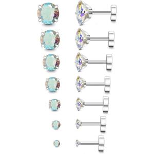 imageFansilver 20G Hypoallergenic Flat Back Earrings for Women Men Silver 14K Gold Stainless Steel Stud Earrings Brithstone Cubic Zirconia Studs Surgical Steel Cartilage Earrings for Sensitive EarsG 7Pairs  28MM AB CZ