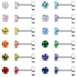 imageFansilver 20G Hypoallergenic Flat Back Earrings for Women Men Silver 14K Gold Stainless Steel Stud Earrings Brithstone Cubic Zirconia Studs Surgical Steel Cartilage Earrings for Sensitive EarsB 12Pairs  4MM Birthstone set