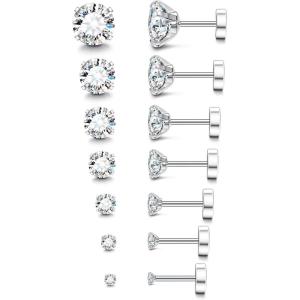imageFansilver 20G Hypoallergenic Flat Back Earrings for Women Men Silver 14K Gold Stainless Steel Stud Earrings Brithstone Cubic Zirconia Studs Surgical Steel Cartilage Earrings for Sensitive EarsA 7Pairs  28mm cz