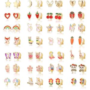 imageFansilver 28 Pairs Clip on Earrings for Girls Cute Animal Flower Rainbow Clip Earrings Set for Little Teens Girls Gold Clip on Earrings for Non Piercing Earsageover 3 years oldA Gold 28 pairs cute clip on earrings