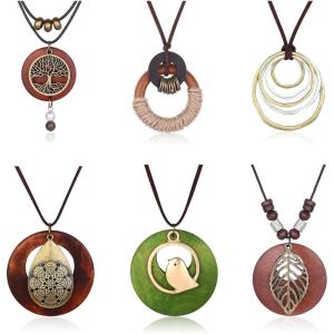 imageFansilver 6Pcs Long Wooden Pendant Necklaces for Women Bohemian Sweater Necklace Set Handmade VintageWooden Bird Leaf Tree Layered Pendant Necklace Brown Y Necklace Fashion Hippie Jewelry