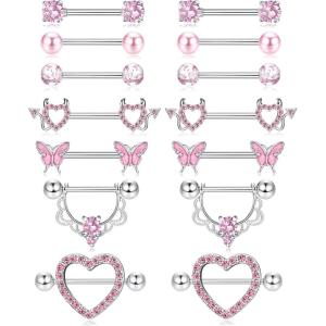 imageFansilver 7 Pairs 14G Nipple Rings Surgical Steel Nipple Piercing CZ Heart Butterfly Barbell Tongue Rings Set Cute Nipple Tongue Piercing Jewelry for WomenA Pink 14G Nipple Rings