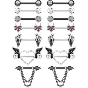 imageFansilver 7 Pairs 14G Nipple Rings Surgical Steel Nipple Piercing CZ Heart Butterfly Barbell Tongue Rings Set Cute Nipple Tongue Piercing Jewelry for WomenD Black Nipple Rings Set