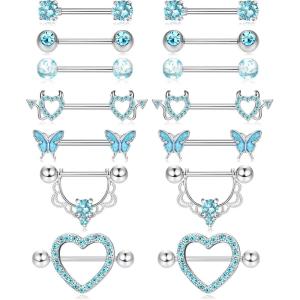 imageFansilver 7 Pairs 14G Nipple Rings Surgical Steel Nipple Piercing CZ Heart Butterfly Barbell Tongue Rings Set Cute Nipple Tongue Piercing Jewelry for WomenB Blue Nipple Piercing