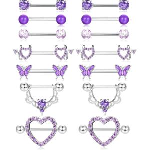 imageFansilver 7 Pairs 14G Nipple Rings Surgical Steel Nipple Piercing CZ Heart Butterfly Barbell Tongue Rings Set Cute Nipple Tongue Piercing Jewelry for WomenC Purple Cute Nipple Rings