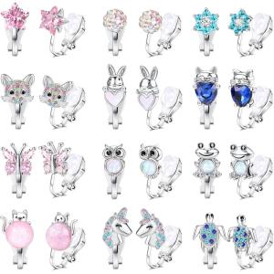 imageFansilver Clip on Earrings for Women Girls Hypoallergenic Flower Rainbow Butterfly Turtle Star Heart CZ Clip Earrings Set for Little Girls Silver NonPierced Earrings Pack for Teens Girls 12 PairsAAnimal Clip On Earrings