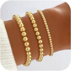 imageFansilver Gold Bracelets for Women 14K Gold Plated Stretch Beaded Bracelets Stackable Gold Bead Ball Bracelet for Women Trendy Gifts Adjustable Gold JewelrySetC 3PCS gold bracelets for women