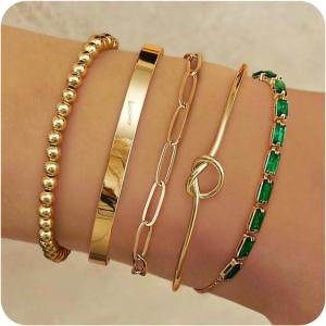 imageFansilver Gold Bracelets for Women 14k Real Gold Bangle Cuff Bracelet Set Gold Plated Beaded Paperclip Cuban Chain Bracelet Cubic Zirconia Tennis Bracelet for Women StackBKnot Gold Bangle Bracelets