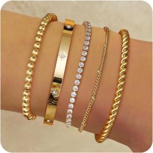 imageFansilver Gold Bracelets for Women 14k Real Gold Bangle Cuff Bracelet Set Gold Plated Beaded Paperclip Cuban Chain Bracelet Cubic Zirconia Tennis Bracelet for Women StackCTwisted Gold Bangle Bracelets