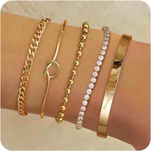 imageFansilver Gold Bracelets for Women 14k Real Gold Bangle Cuff Bracelet Set Gold Plated Beaded Paperclip Cuban Chain Bracelet Cubic Zirconia Tennis Bracelet for Women StackD14K Gold Plated Bangles