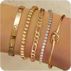 imageFansilver Gold Bracelets for Women 14k Real Gold Bangle Cuff Bracelet Set Gold Plated Beaded Paperclip Cuban Chain Bracelet Cubic Zirconia Tennis Bracelet for Women StackACZ Gold Bangle Bracelets