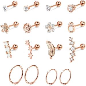 imageSAILIMUE 16Pcs 16G Cartilage Earrings Studs for Women Surgical Stainless Steel Helix Tragus Couch Hoop Piercing Earrings Set Opal Shiny CZ Cartilage Earrings SilverGoldRose Gold ToneBRose gold