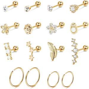imageSAILIMUE 16Pcs 16G Cartilage Earrings Studs for Women Surgical Stainless Steel Helix Tragus Couch Hoop Piercing Earrings Set Opal Shiny CZ Cartilage Earrings SilverGoldRose Gold ToneAGold