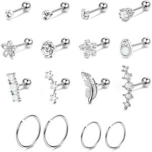 imageSAILIMUE 16Pcs 16G Cartilage Earrings Studs for Women Surgical Stainless Steel Helix Tragus Couch Hoop Piercing Earrings Set Opal Shiny CZ Cartilage Earrings SilverGoldRose Gold ToneC Silver