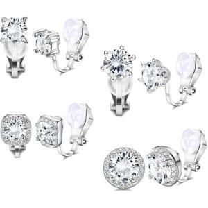 imageSAILIMUE 4 Pairs Clip Earrings Wedding Sets for Women Sparkly Cubic Zirconia Non Pierced Clip On Earrings