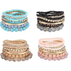 imageSAILIMUE 4 Sets Bohemian Stackable Bead Bracelets for Women Multicolor Stretch Beaded Bracelets Layered  Adjustable Bracelet Pink Black Turquoise Stretch Bracelets