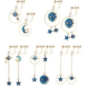 imageSAILIMUE 5Pairs Clip on Earrings Dangle Set for Women Cute Moon and Star Earrings Non Pierced Ear Clip Saturn Earrings