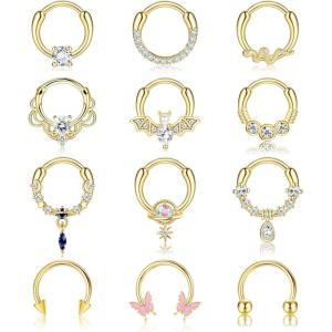 imageFansilver 12PCS 16G Septum Rings for Women Men Black Silver Gold Surgical Steel Septum Jewelry Cute CZ Dangle Horseshoe Nose Rings Hoop Cartilage Helix Daith Tragus Earrings Septum Nose Piercing Jewelry 8MM