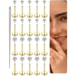 imageFansilver 16G Surgical Steel Tragus Conch Helix Piercing Jewelry Internal Thread CZ Flat Back Lip Studs Cartilage Earrings Hypoallergenic Forward Lip Monroe Labret Medusa Piercing Jewelry14K Gold