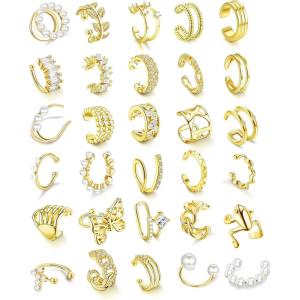 imageFansilver 30PCS Ear Cuff Earrings for Women NonPiercing Clip On Cartilage Helix Wrap Earrings Butterfly Pearl CZ Adjustable Ear Clip Fake Cartilage Earring