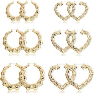 imageFansilver 610 Pairs Bamboo Earrings Set Hollow Casting HipHop Large Bamboo Earring For Women Oversize Different Shape Gold Hoop Earrings Set Fashion Rapper Accessories Jewelry6P
