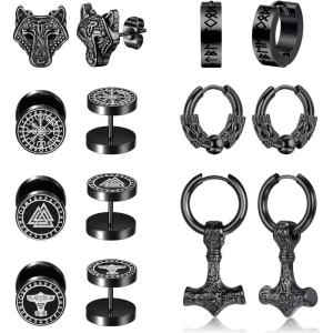 imageFansilver 7Pairs Norse Viking Earrings for Men Stainless Steel Black Stud Earrings Fake Gauges Plug Vintage Huggie Mens Hoop Earrings Celtic Divination Thors Hammer Wolf Earrings