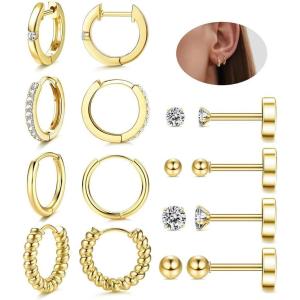 imageFansilver 8 Pairs Flatback Stud Earrings for Women 14K Gold Filled Stud Earring Sets for Multiple Piercing Hypoallergenic Huggie Hoop Earrings Tiny Ball CZ Flat Back Stud Earrings for TeenGold