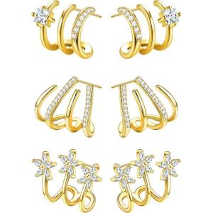 imageFansilver 925 Sterling Silver   Cubic Zirconia    Cuff Earrings Triple Huggie Illusion Stud Earrings Hypoallergenic Wrap Ear Cuffs Earrings for Women TrendyGold Claw Earrings
