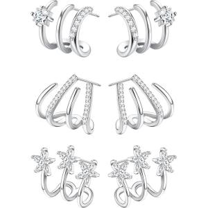 imageFansilver 925 Sterling Silver   Cubic Zirconia    Cuff Earrings Triple Huggie Illusion Stud Earrings Hypoallergenic Wrap Ear Cuffs Earrings for Women TrendySilver Claw Earrings