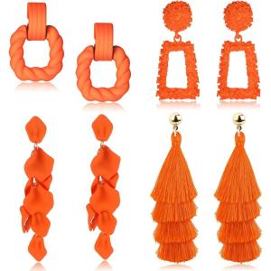 imageFansilver Statement Drop Raffia Dangle Geometric Boho Long Tassel Hot Pink Earrings for WomenC Orange Earrings