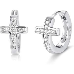 imageFansilver Sterling Silver Small Cross Hoop Earrings Cubic Zirconia Huggie Earrings for Women Men Dainty Cross Earrings