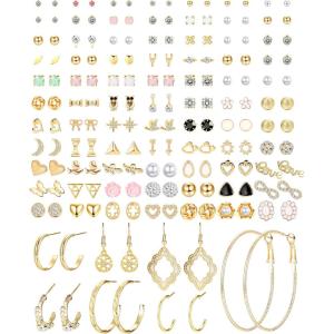 imageSAILIMUE 84 Pairs Assorted Multiple Stud Earrings Hoop Set Dangle Cute Hypoallergenic CZ Bow Butterfly Flower Leaf Ball Simple Drop Earrings Stud for Women Pack