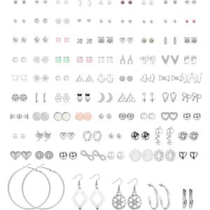 imageSAILIMUE 84 Pairs Assorted Multiple Stud Earrings Hoop Set Dangle Cute Hypoallergenic Earrings CZ Bow Butterfly Flower Leaf Ball Simple Drop Earrings Stud for Women Pack silver