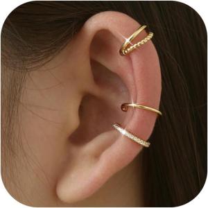 imageFansilver 3Pcs Ear Cuff Earrings for Women Non Piercing14K Gold Plated Ear Cuffs Clip on Cartilage Earrings Adjustable Fake Earrings LightweightSTYLEAGOLD