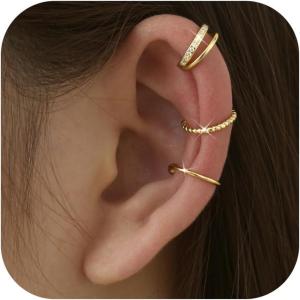 imageFansilver 3Pcs Ear Cuff Earrings for Women Non Piercing14K Gold Plated Ear Cuffs Clip on Cartilage Earrings Adjustable Fake Earrings LightweightSTYLEBGOLD