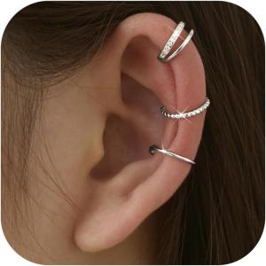 imageFansilver 3Pcs Ear Cuff Earrings for Women Non Piercing14K Gold Plated Ear Cuffs Clip on Cartilage Earrings Adjustable Fake Earrings LightweightSTYLEBSILVER
