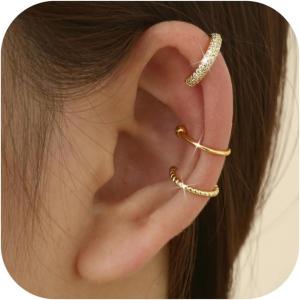 imageFansilver 3Pcs Ear Cuff Earrings for Women Non Piercing14K Gold Plated Ear Cuffs Clip on Cartilage Earrings Adjustable Fake Earrings LightweightSTYLECGOLD