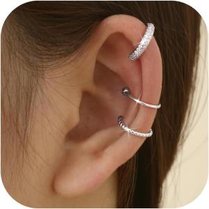 imageFansilver 3Pcs Ear Cuff Earrings for Women Non Piercing14K Gold Plated Ear Cuffs Clip on Cartilage Earrings Adjustable Fake Earrings LightweightSTYLECSILVER