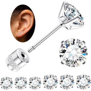 imageFansilver 6 Pairs Hypoallergenic Stud Earrings for Women Men Threadless Flat Back Stud Earrings Set for Multiple Piercing Surgical Stainless Steel Cubic Zirconia Earrings Studs CZ 28 mmCsilver23mm